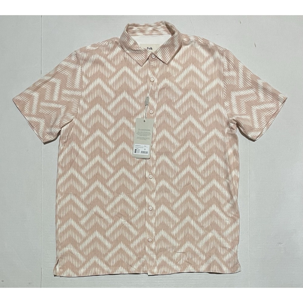 $182 NWT Folk Men's Small Short Sleeve Shirt Pink Geometric Zig Zag Arrow